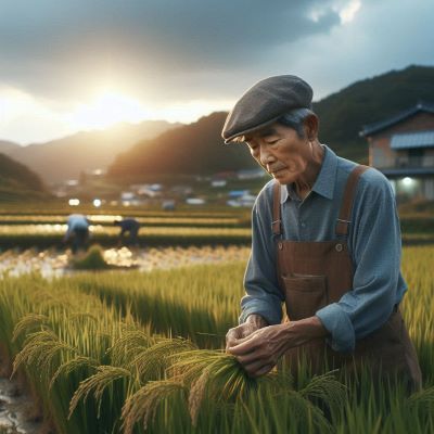 논에서 작업하고 있는 노년층 농업인