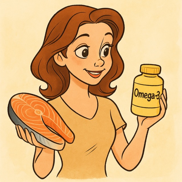 연어와 오메가-3 보충제를 들고 웃고 있는 젊은 여성