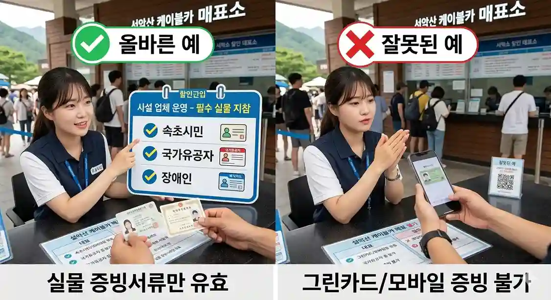 설악산 케이블카 매표소에서 속초시민, 국가유공자, 장애인 할인 혜택을 받기 위해 실물 증빙서류를 지참한 올바른 예와 모바일 증빙 및 그린카드를 제시해 반려당하는 잘못된 예를 비교한 안내 이미지. 사설 업체 운영으로 실물 신분증 및 복지카드 지참이 필수임을 강조