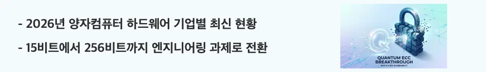 양자컴퓨터 비트코인 위협: "2026년 양자컴퓨터 하드웨어 기업별 최신 현황 / 15비트에서 256비트까지 엔지니어링 과제로 전환"이라는 문구가 포함된 웹배너 이미지. 이 이미지는 IBM&middot;구글&middot;Quantinuum 등 주요 양자컴퓨터 기업의 2026년 성과를 시각적으로 전달하며, 블로그의 양자컴퓨터 하드웨어 현황과 관련된 내용을 설명함 (Quantum Hardware 2026 IBM Google Quantinuum QuEra)