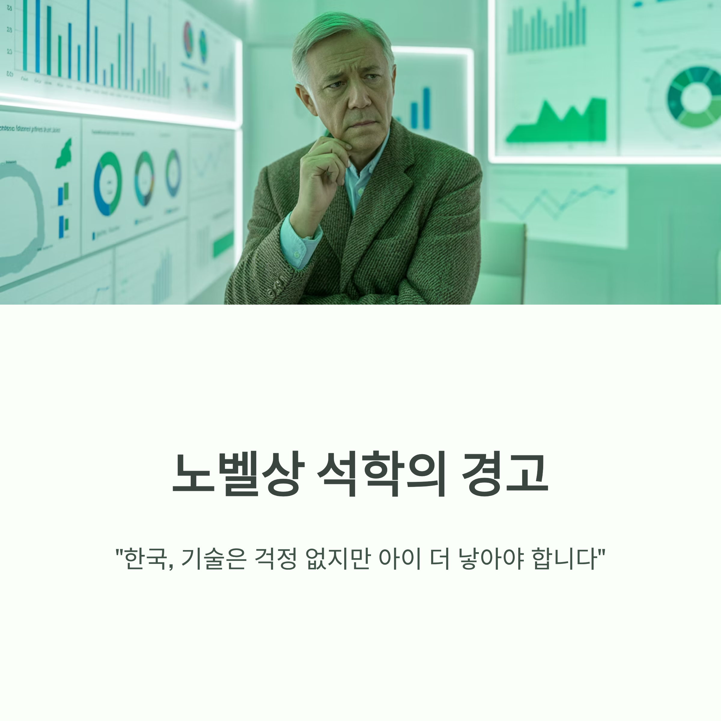 노벨상 수상 석학이 한국의 출산율 저하에 대해 경고하는 내용을 담은 인포그래픽 이미지