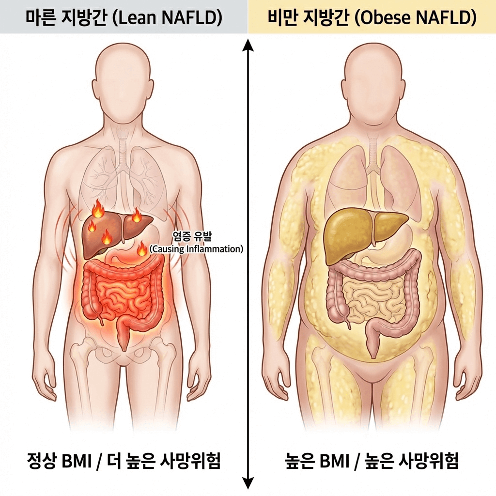 마른 지방간과 비만 지방간의 특징 비교표 인포그래픽