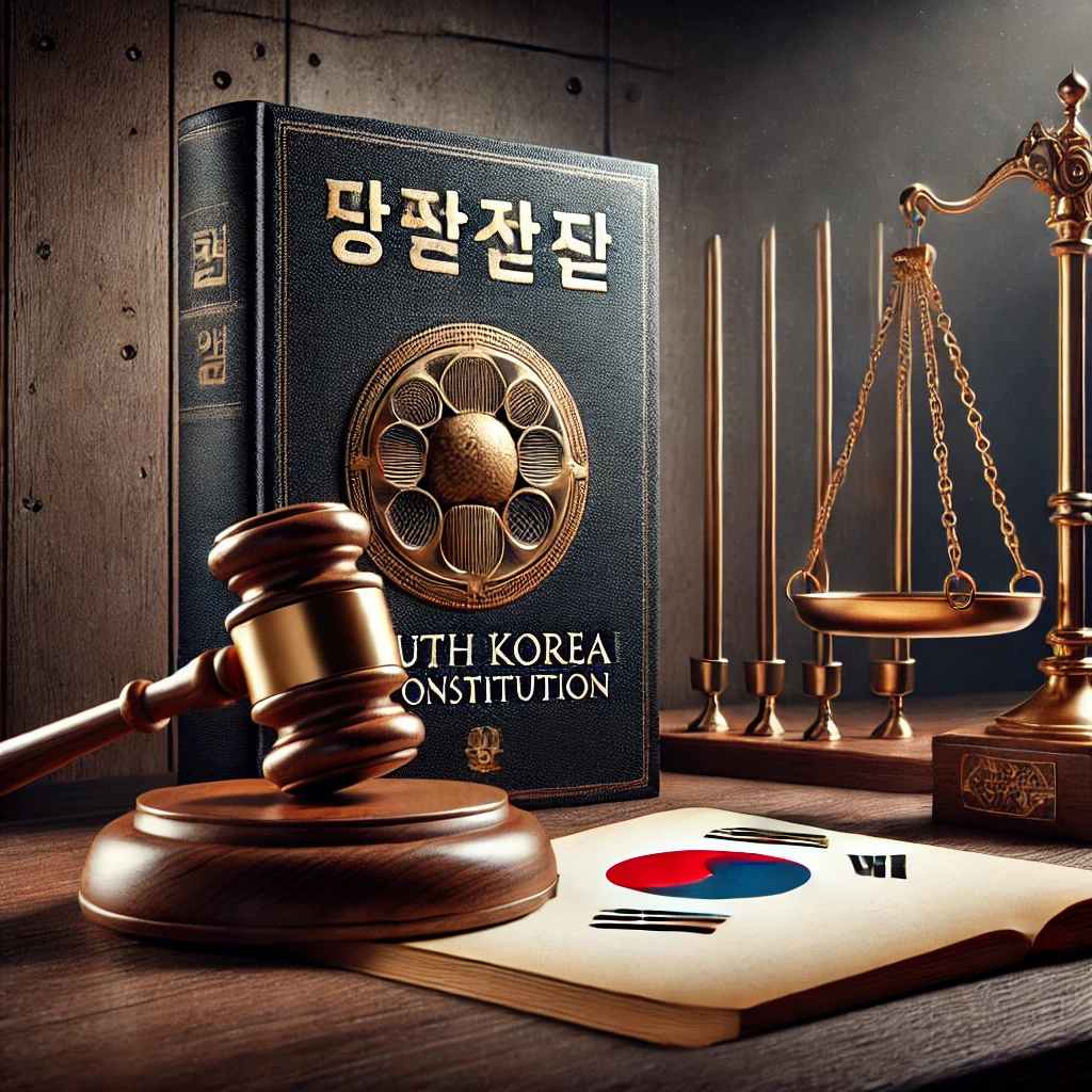 대한민국 헌법책과 정의의 저울&amp;#44; 판사봉이 함께 배치된 상징적 이미지 