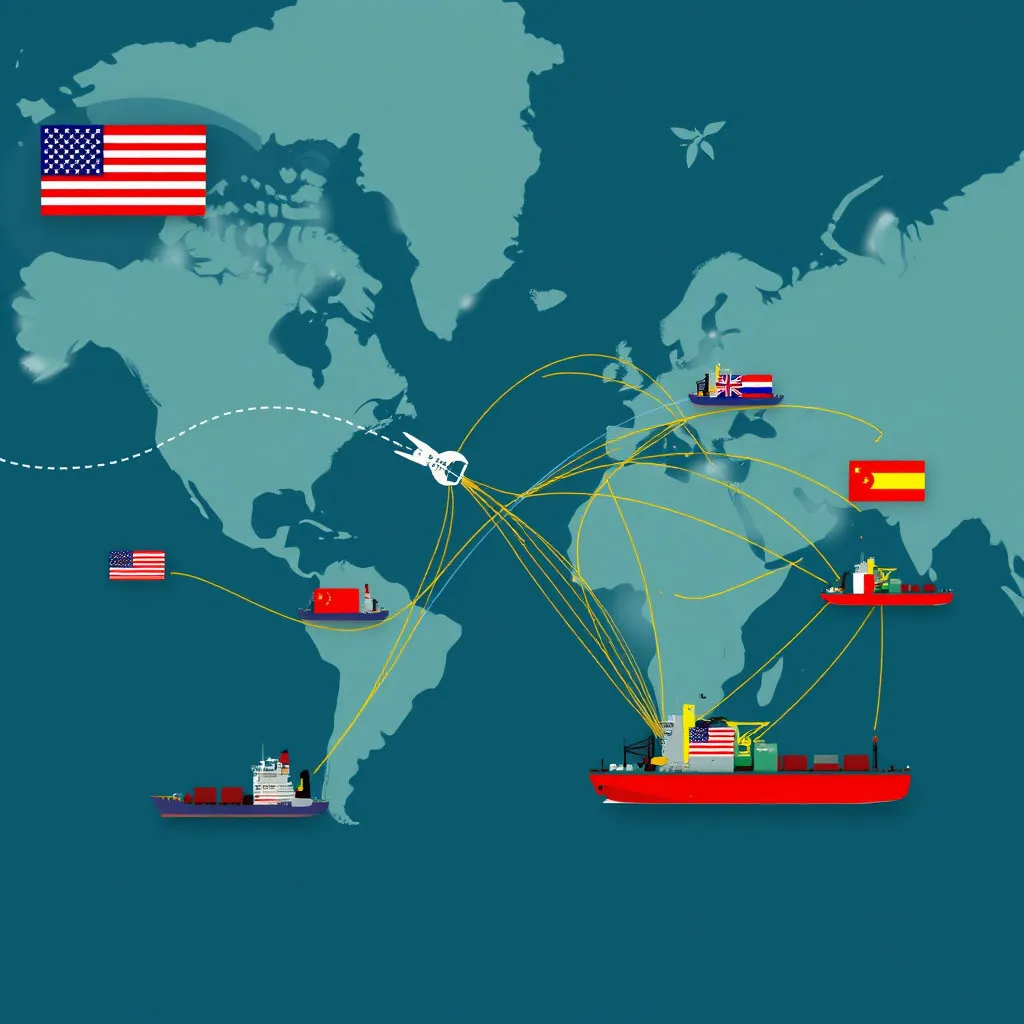 세계 지도 위에서 기존의 연결선들이 끊어지고 새로운 경로들이 생겨나는 인포그래픽 형태의 이미지나, 여러 국가의 국기가 박힌 컨테이너선들이 복잡하게 움직이는 모습을 보여줄 수 있습니다.