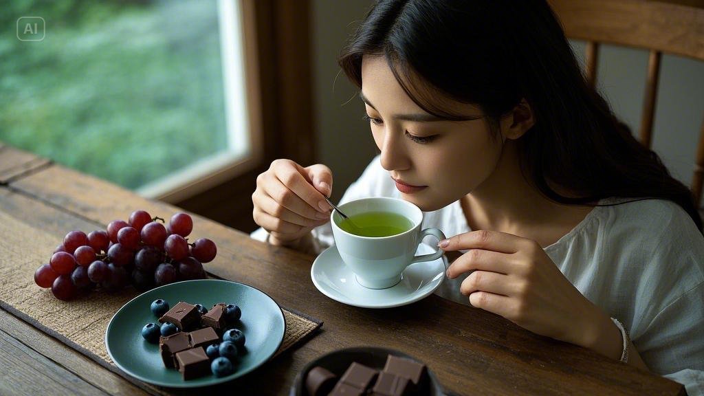 A woman is at table, trying to drink tea.
