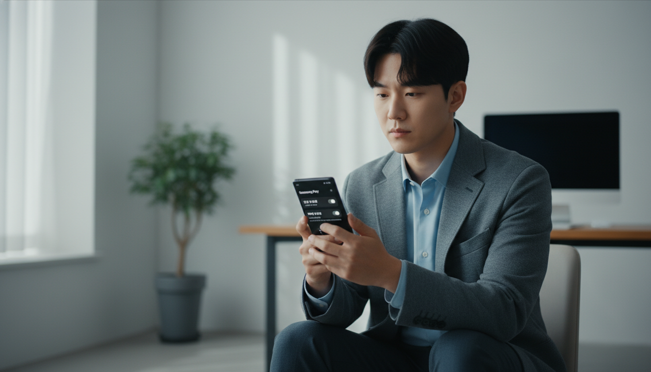 삼성페이 잠금 화면 결제 또는 백그라운드 앱 설정을 확인하는 한국인 사용자