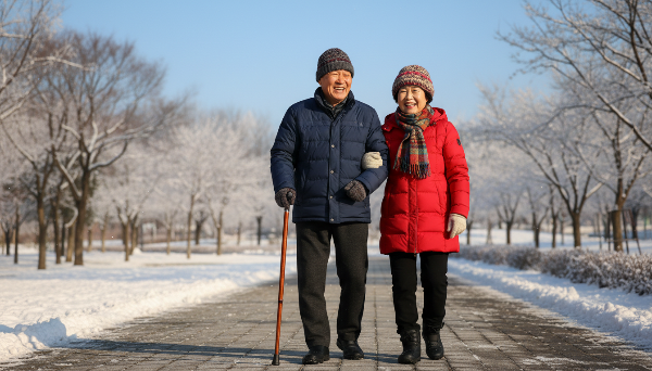 미끄럼 방지 신발과 지팡이를 사용하여 겨울 눈길을 안전하게 걷는 활기찬 시니어 부부의 모습.