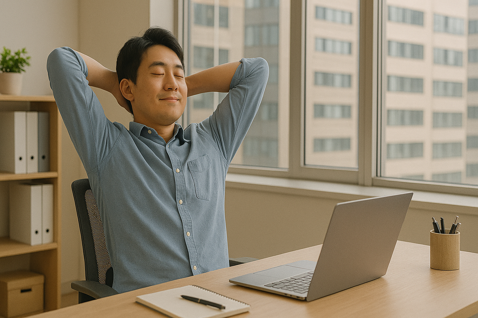 사무실에서 기지개를 피며 휴식하는 남성