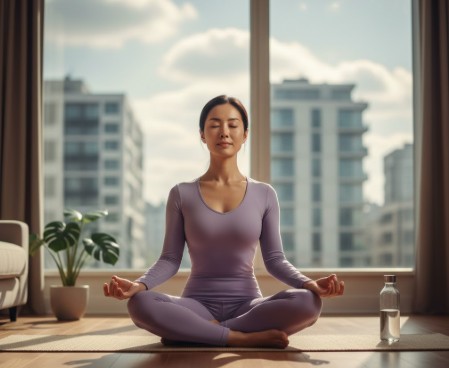 40대 여성이 운동 권태기를 극복하기 위해 명상을 하고 있다