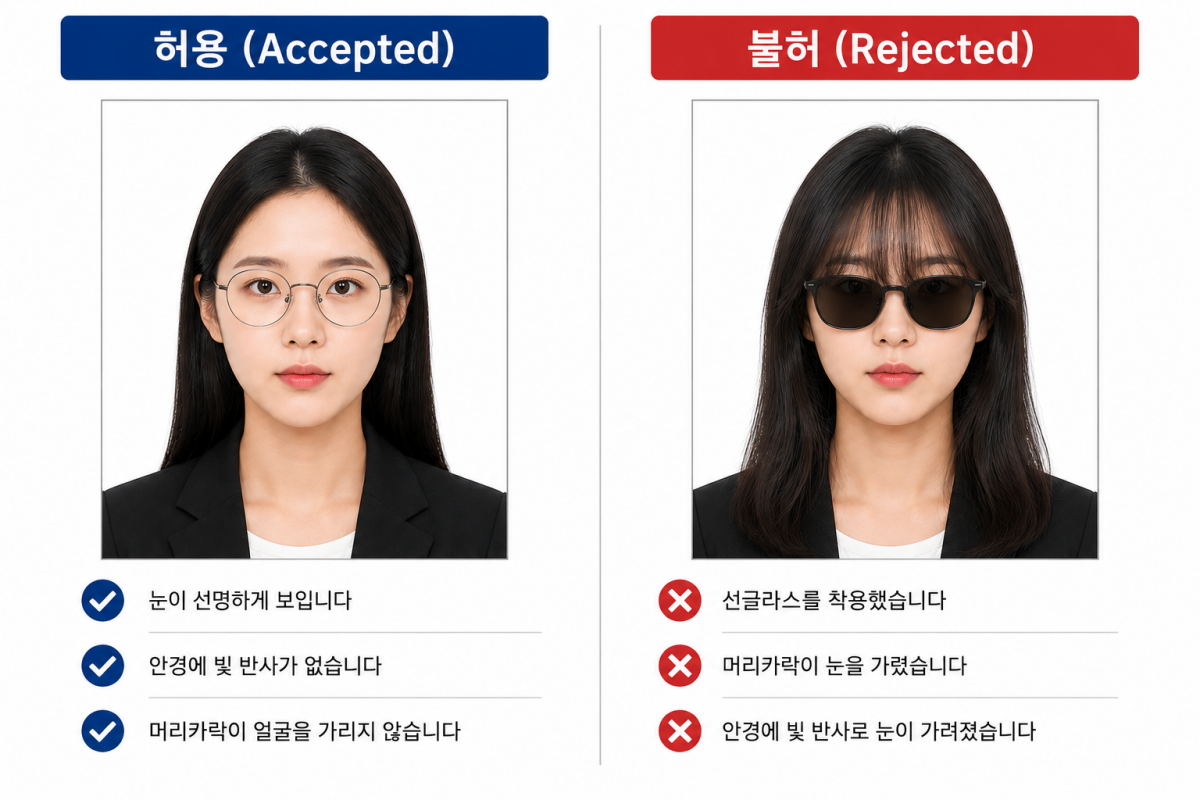 여권 사진 안경 착용과 머리카락 노출 기준 비교 예시