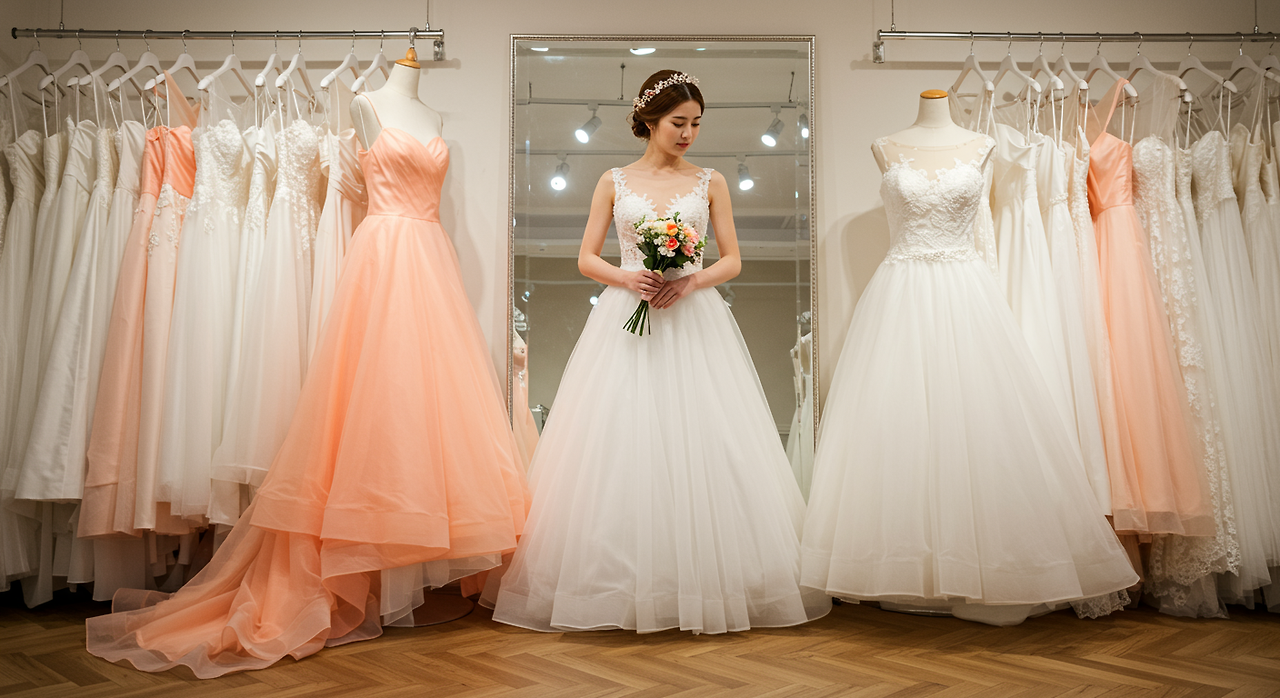 웨딩 드레스 피팅중인 신부