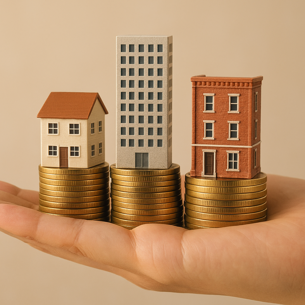 손에 든 동전 위에 조각 건물들이 세워져 있는 모습