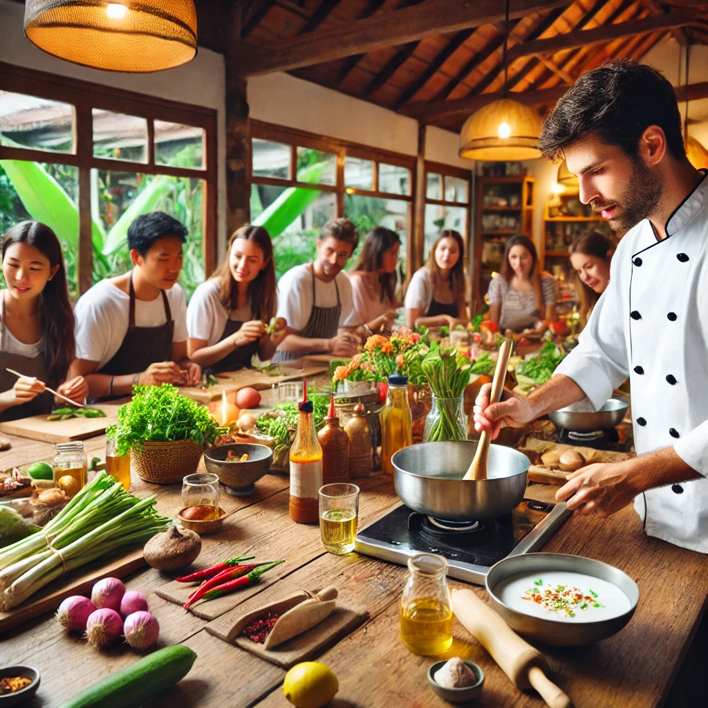 쿠킹 클래스에서 태국 요리를 만드는 모습