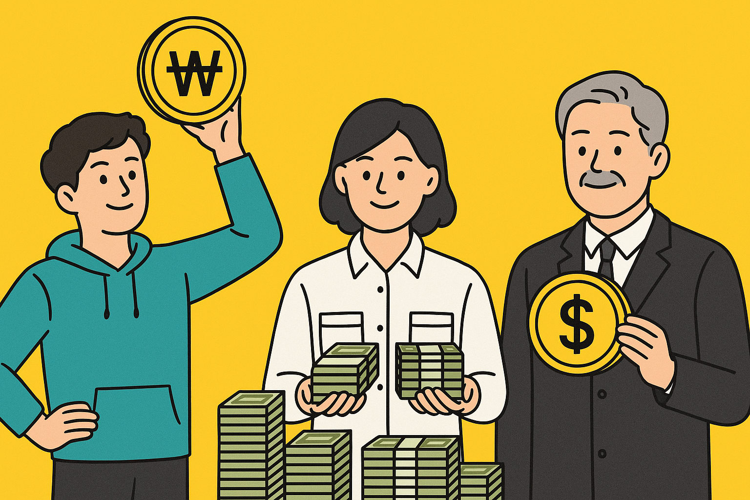 2030세대, 4050세대, 5060 세대를 대표하는 이미지의 인물이 화폐를 들고 있는 모습을 형상화 한 그림