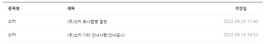 쏘카 공시 목록