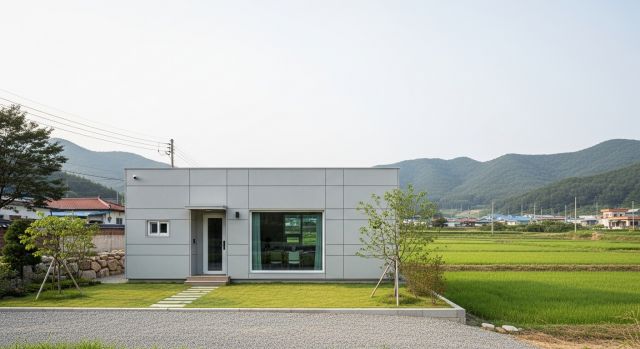 한국 농촌 지역에 설치된 소형 모듈러 주택 모습