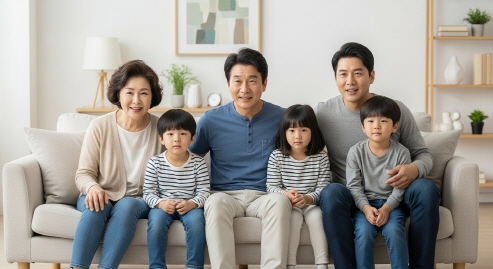 가족과 함께 드라마를 시청하는 중년층 모습