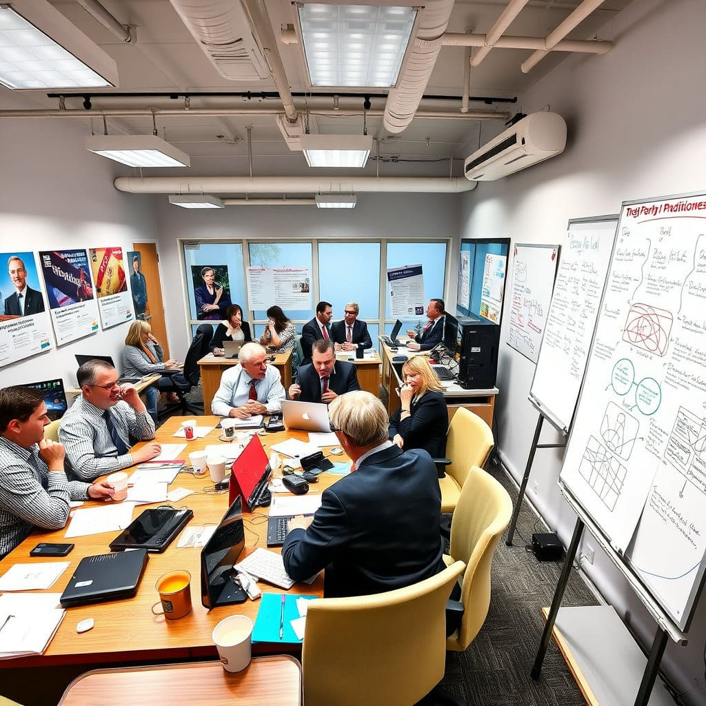 당의 주요 인사들이 모여 회의하는 장면이나, 당원들이 업무를 보는 모습 등을 통해 당대표의 주요 활동 무대임을 나타냅니다.