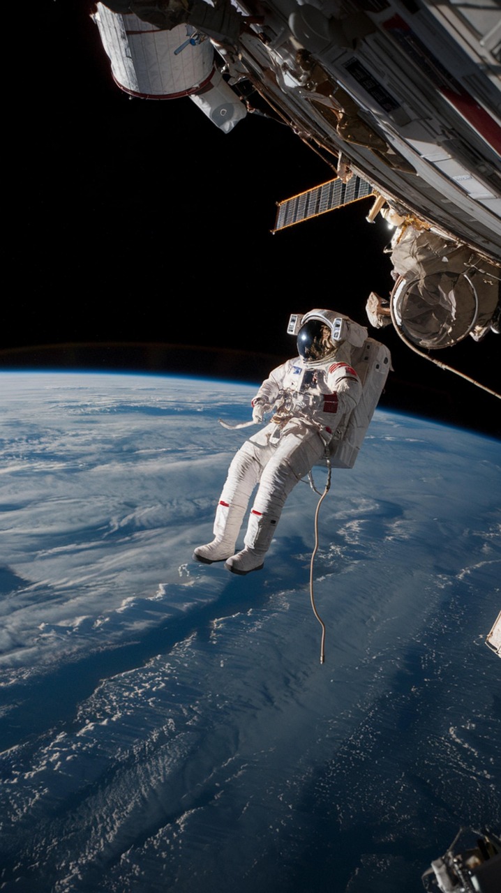 우주 왕복선에서 나와 우주 유영중인 우주비행사