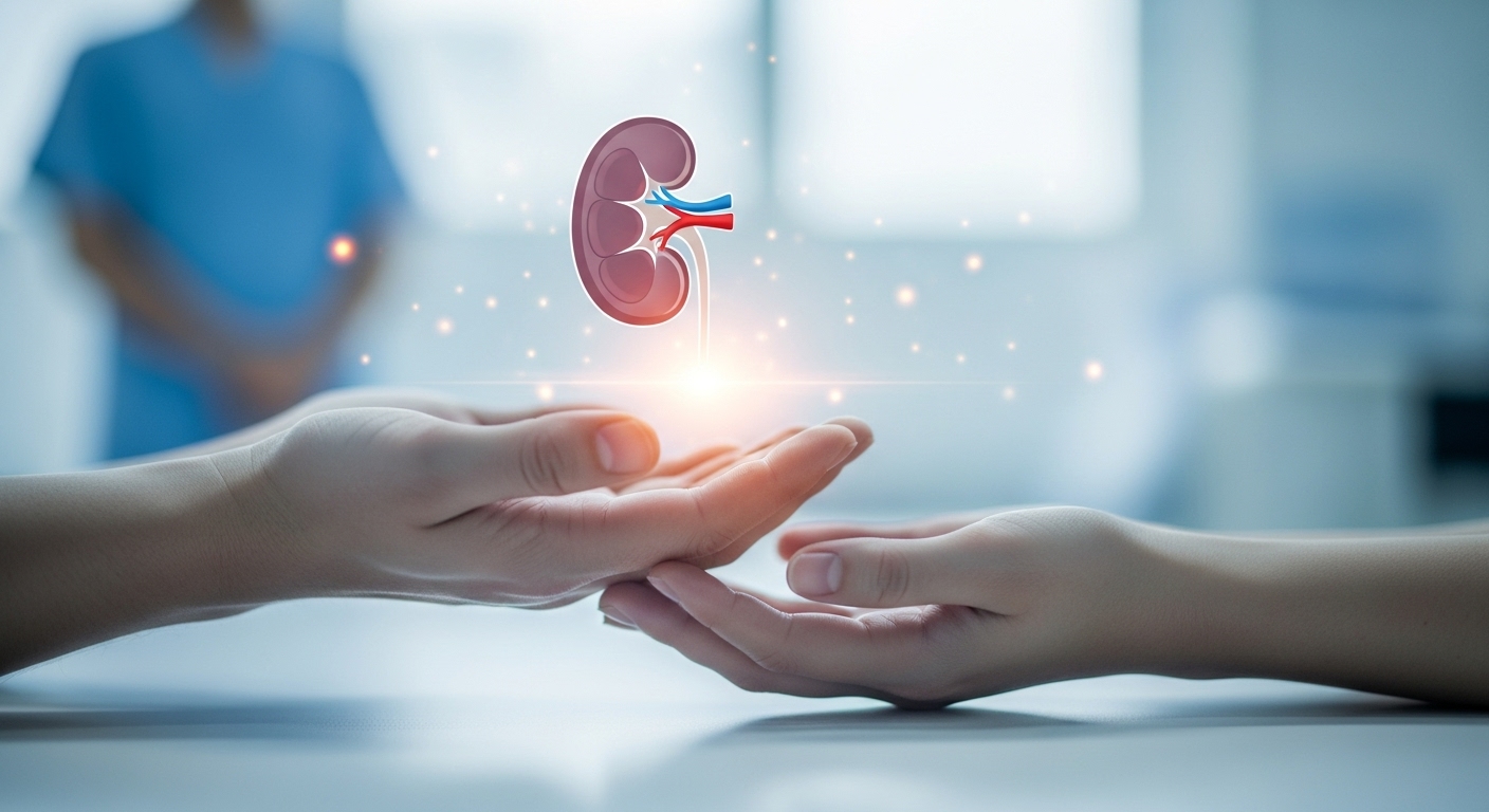 기증자와 수혜자의 손이 맞잡고 있는 모습과 함께 희망찬 신장 이식 과정을 상징하는 이미지