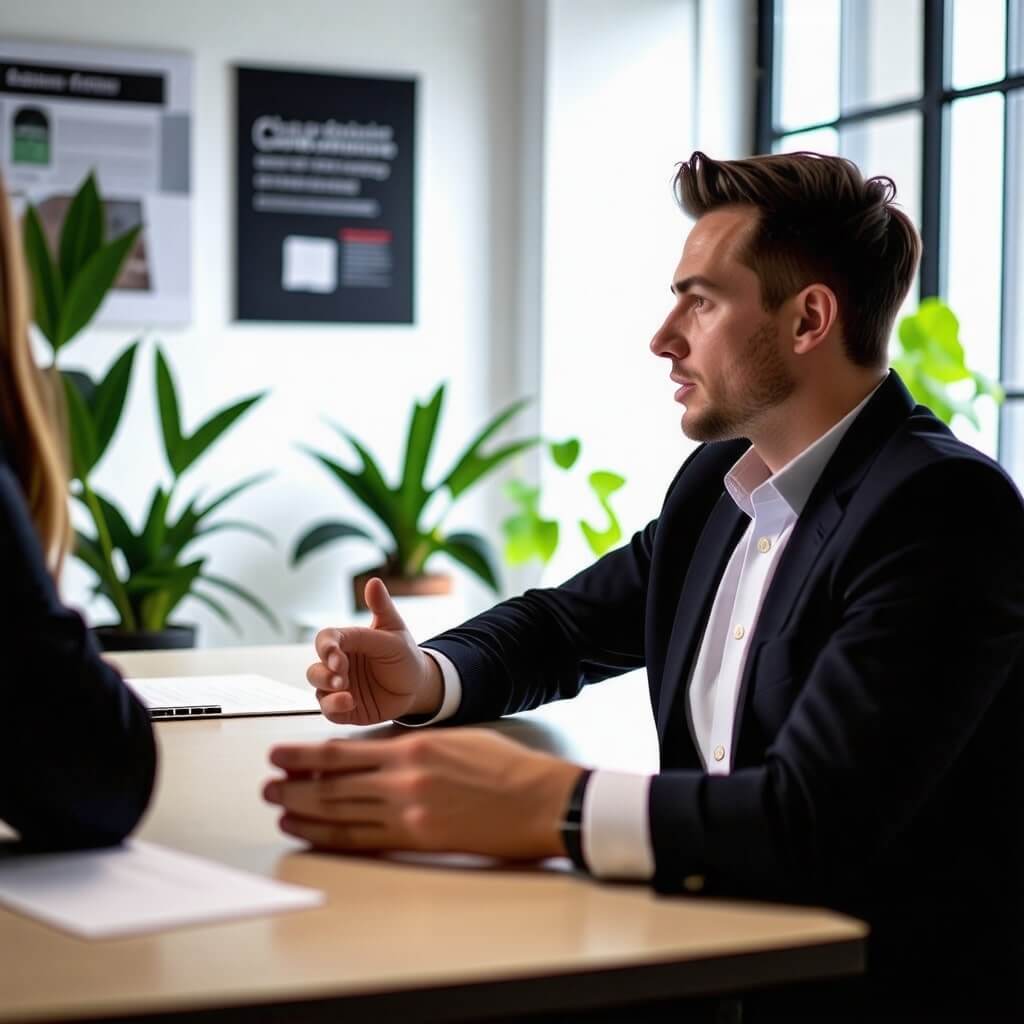 면접을 보는 청년의 모습. 자신감 있는 표정으로 면접관과 대화하고 있습니다.