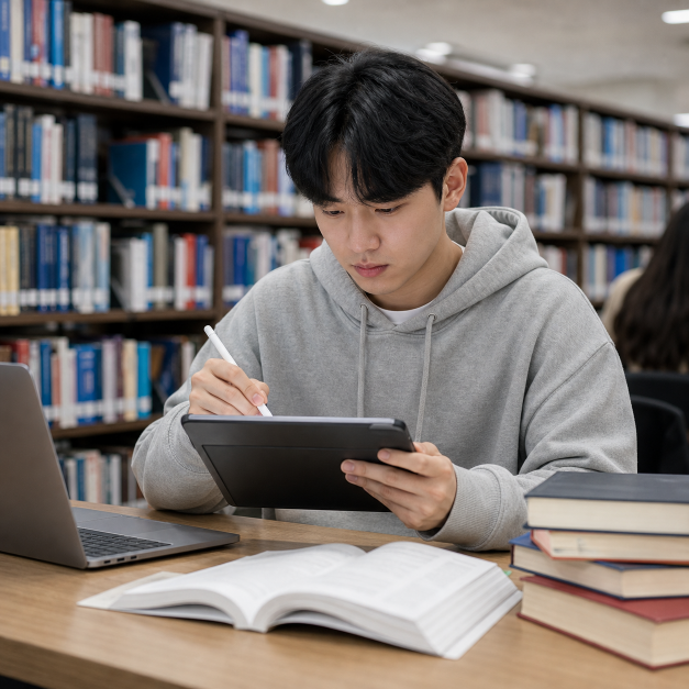 아이패드 상황을 확인하는 한국인 실사 이미지 1