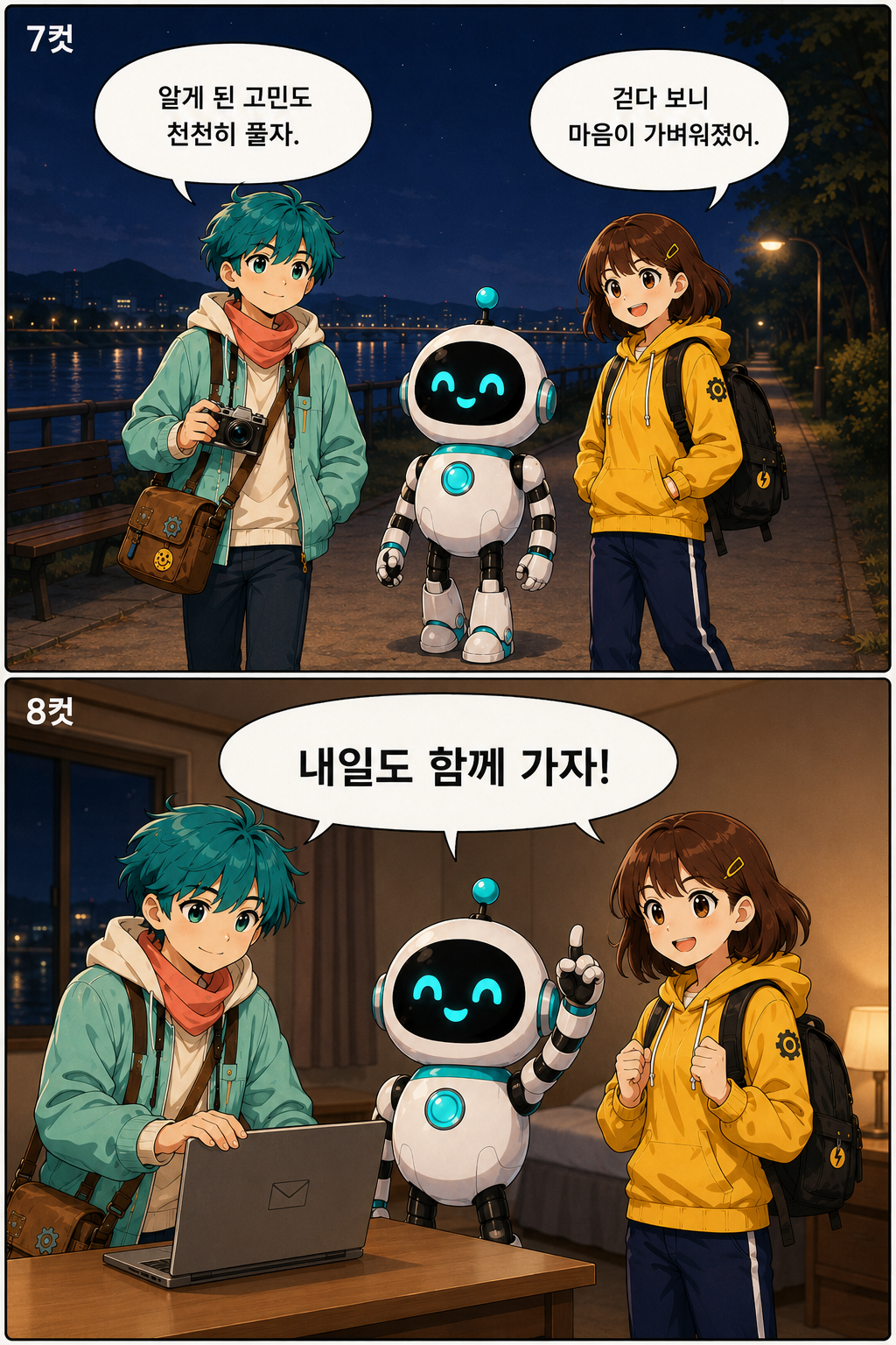 식사 후 조용한 밤길을 걸으며 마음을 정리하고 새로운 일정을 확인하며 내일을 준비하는 세 친구