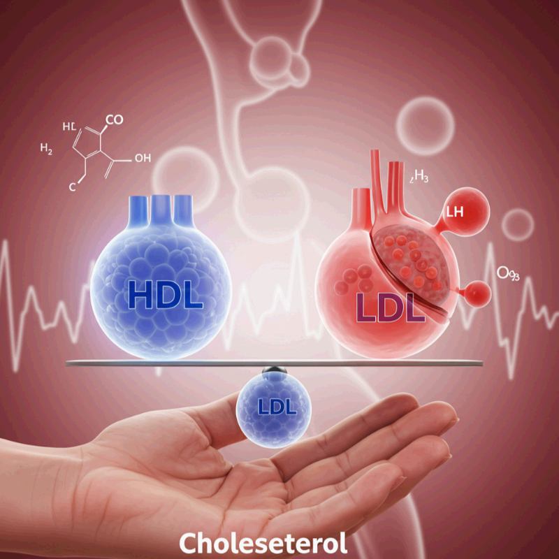 HDL(고밀도 지단백)과 LDL(저밀도 지단백)의 균형을 저울로 표현한 이미지. 파란색 HDL은 좋은 콜레스테롤을, 빨간색 LDL은 나쁜 콜레스테롤을 상징하며, 심장 박동 그래프와 화학식이 배경에 나타난다. 손바닥 위의 저울은 건강 관리에서 HDL을 높이고 LDL을 줄여 심혈관 질환을 예방해야 한다는 의미를 강조