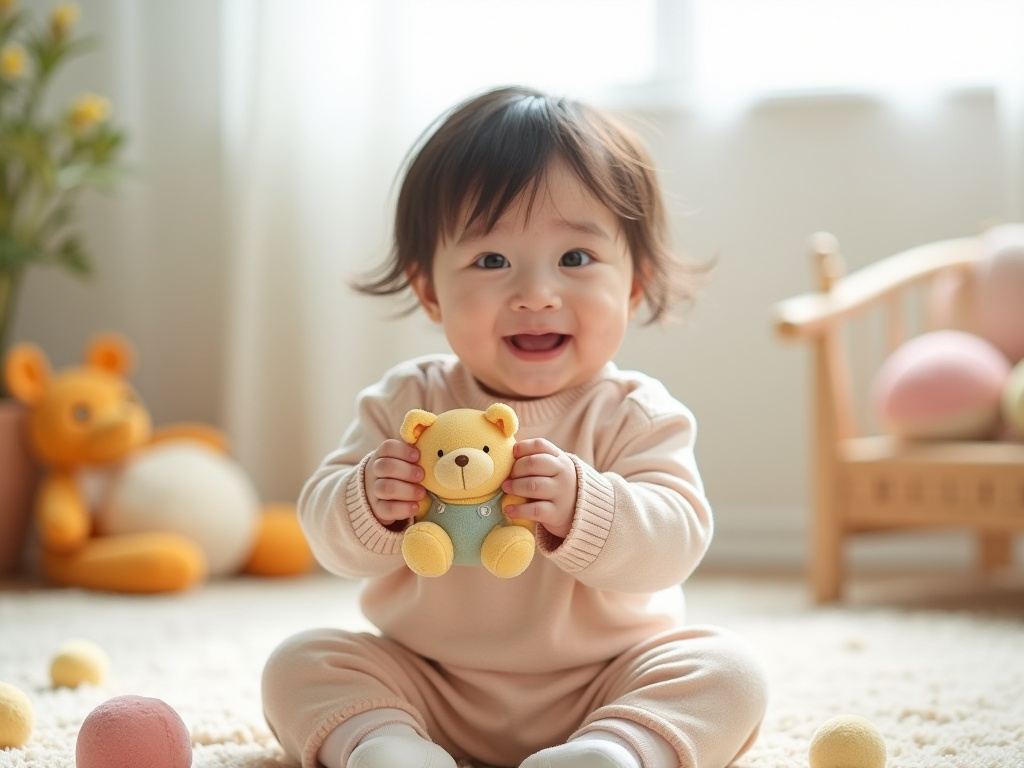 환경호르몬이 있는 장난감을 만지며 웃고 있는 아기의 모습