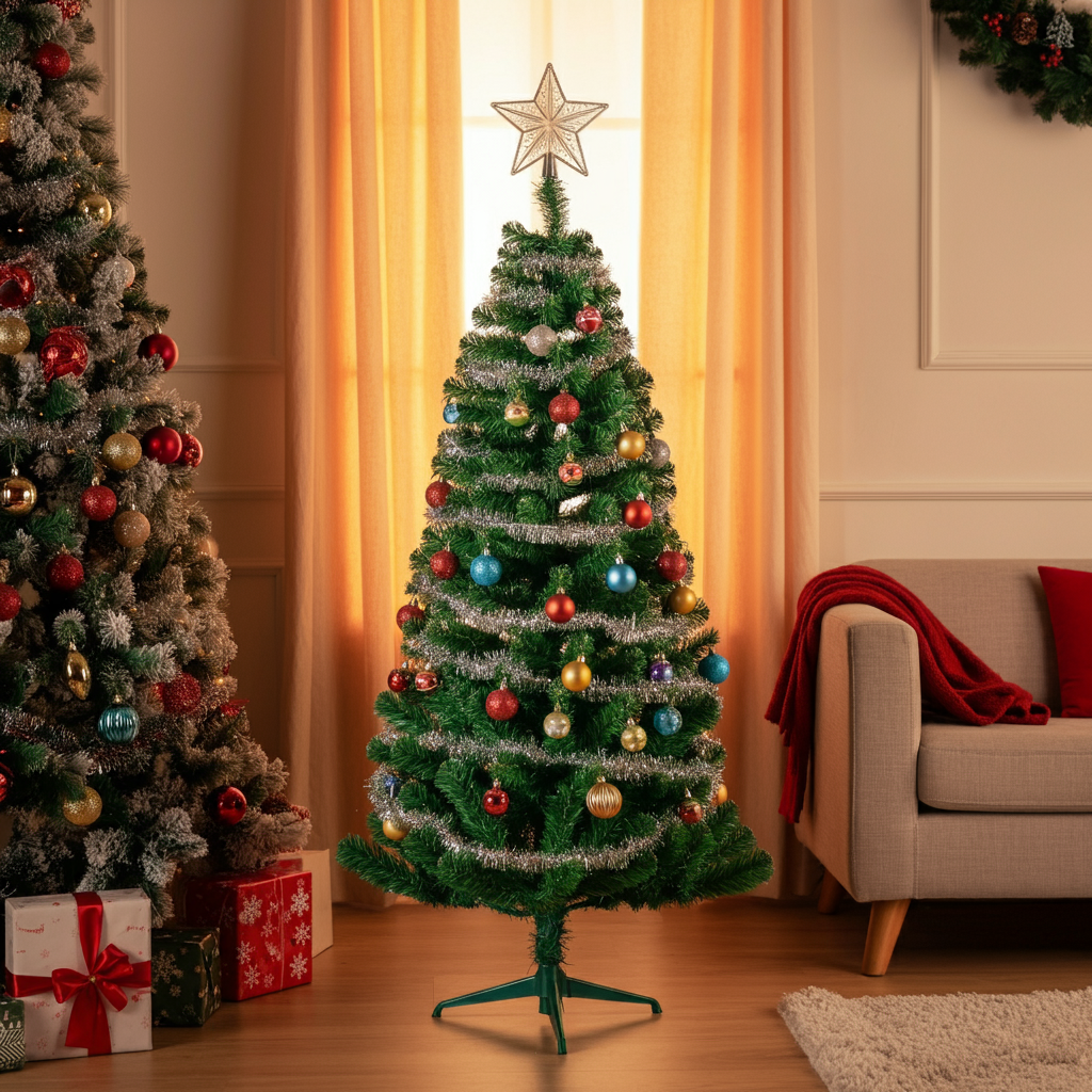 조명과 황금빛 장식으로 꾸며진 크리스마스 트리, 고요하고 평화로운 실내 장면