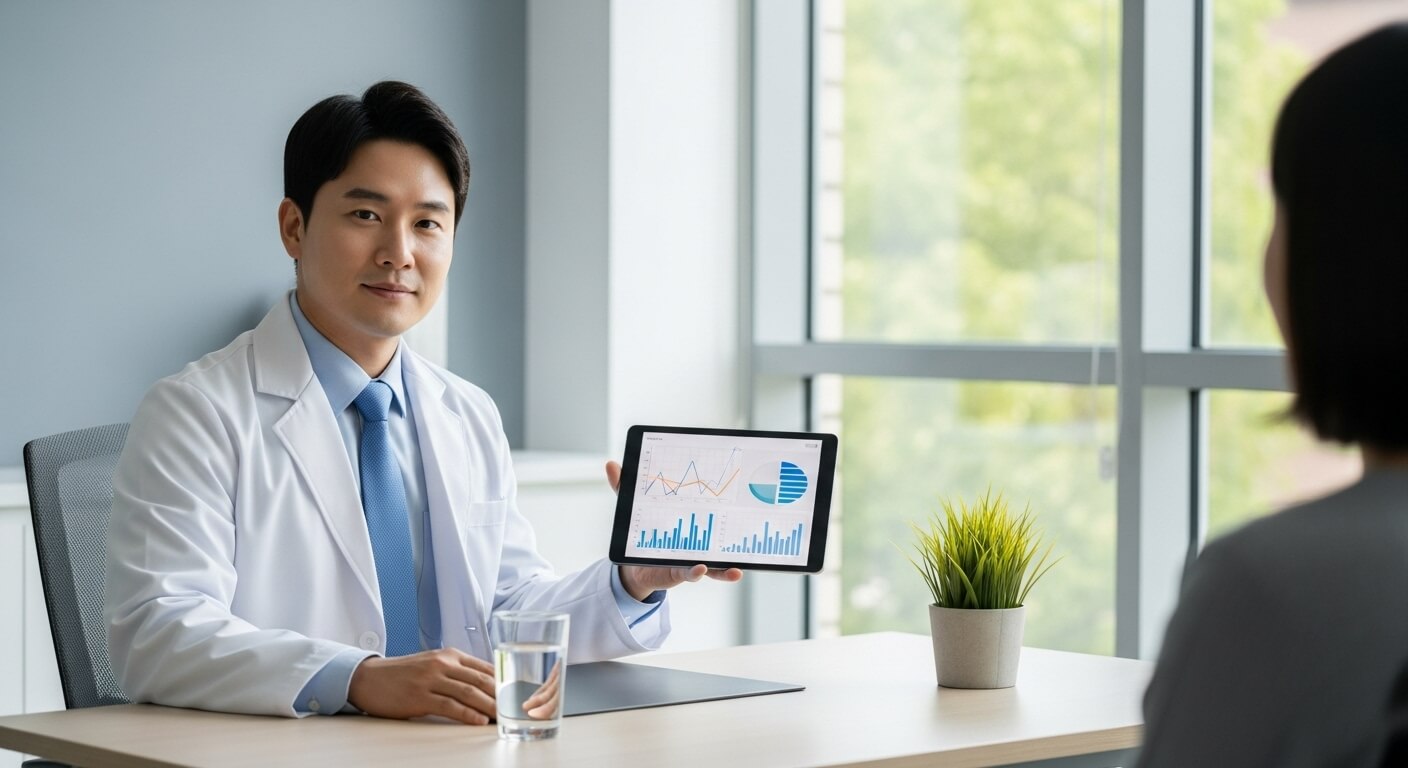 의사가 환자에게 태블릿으로 건강검진 결과 그래프를 보여주는 상담 장면