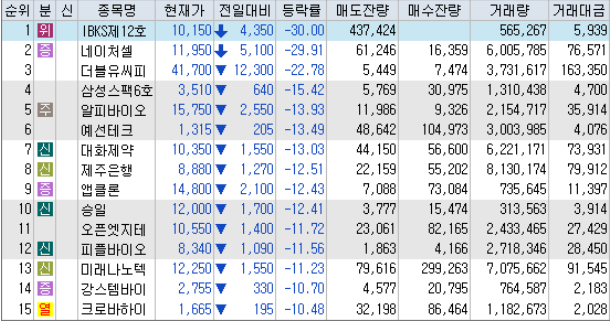 정규장 하락 특징주