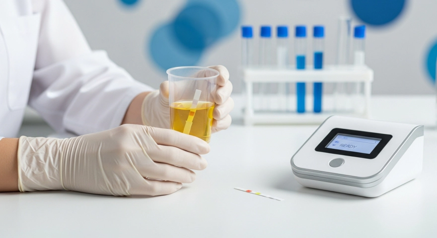 방광염 진단을 위한 소변검사와 검사 장면 이미지