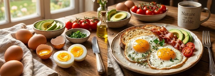 갓 조리된 고소한 달걀 프라이가 놓인 아침 식탁