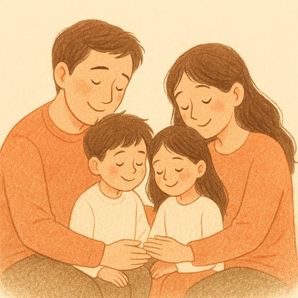 감정을 나누는 가족의 따뜻한 순간을 은유적으로 표현한 일러스트
