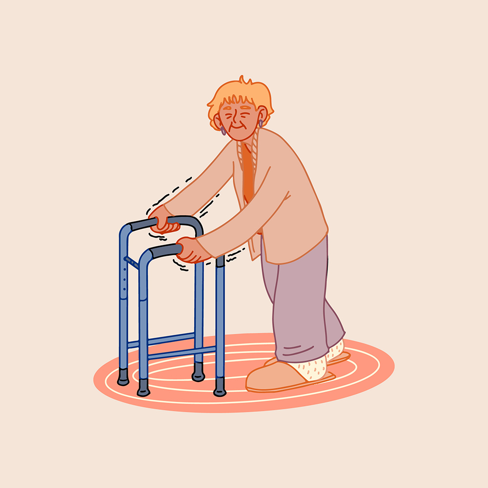 나이든 여성이 파킨슨병에 걸려 보조도구를 이용해서 힘겹게 걷고있는 그림