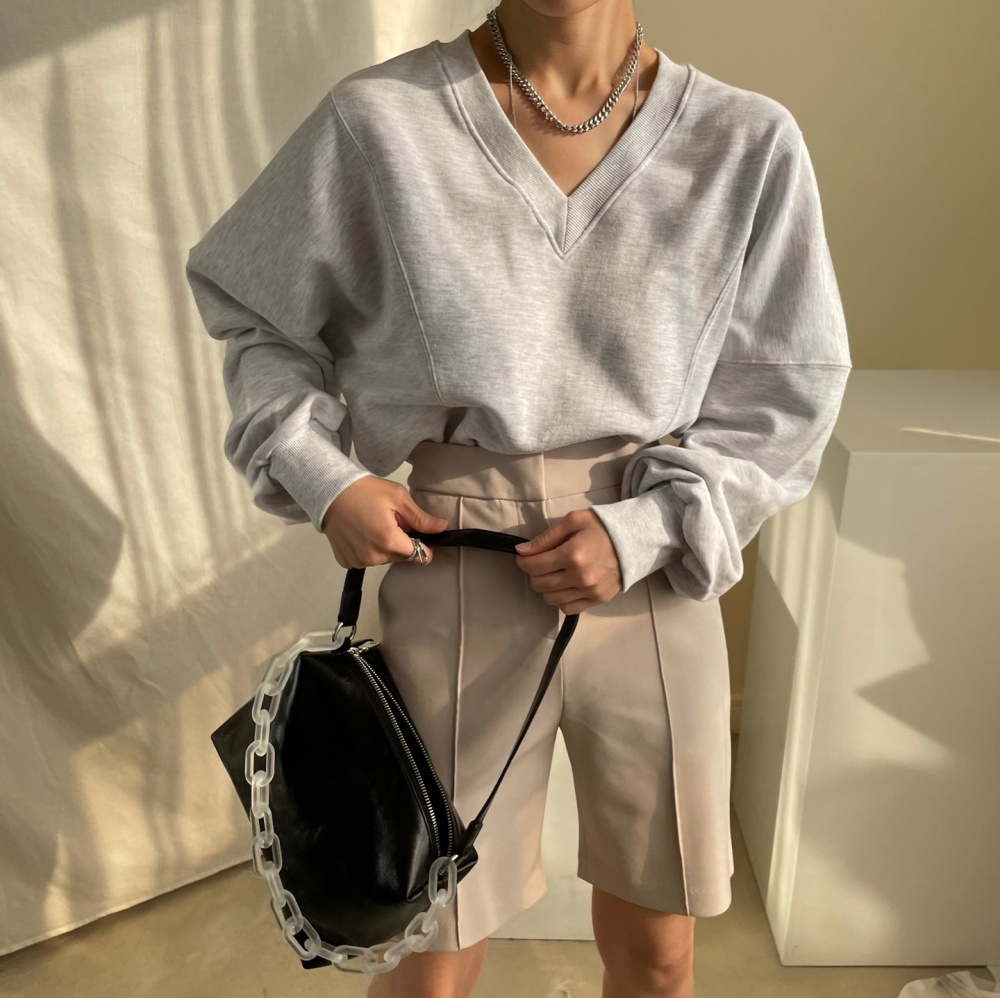 절개 시보리 쭈리 볼륨 브이넥 맨투맨 티셔츠 봄 여자 맨투맨