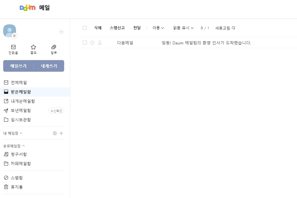 한메일 로그인 후 편지함을 확인하는 화면