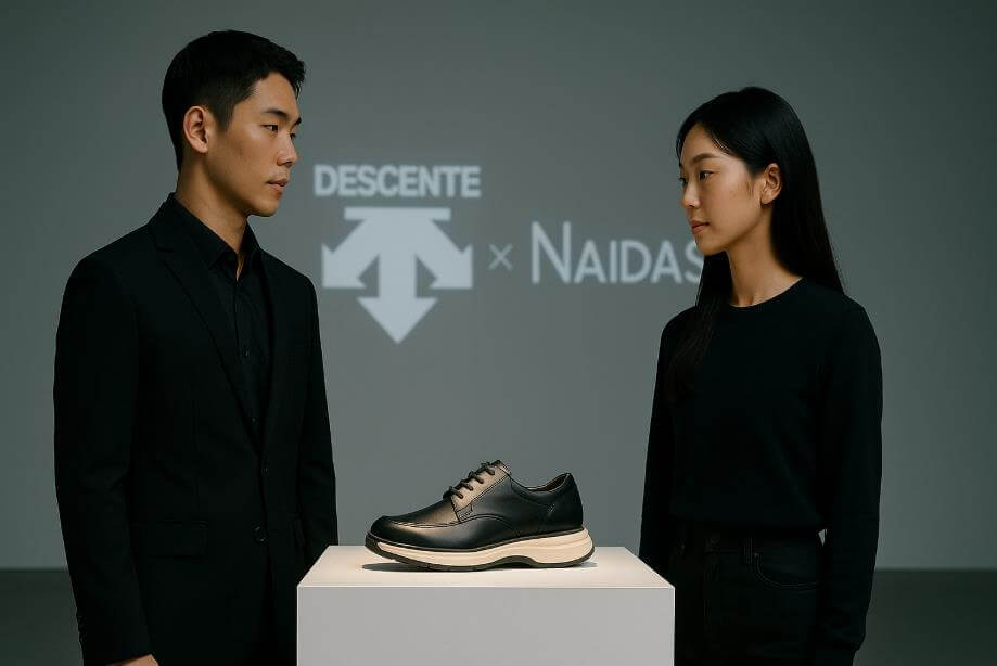 남녀가 무대 중앙의 협업 슈즈를 바라보는 모습.