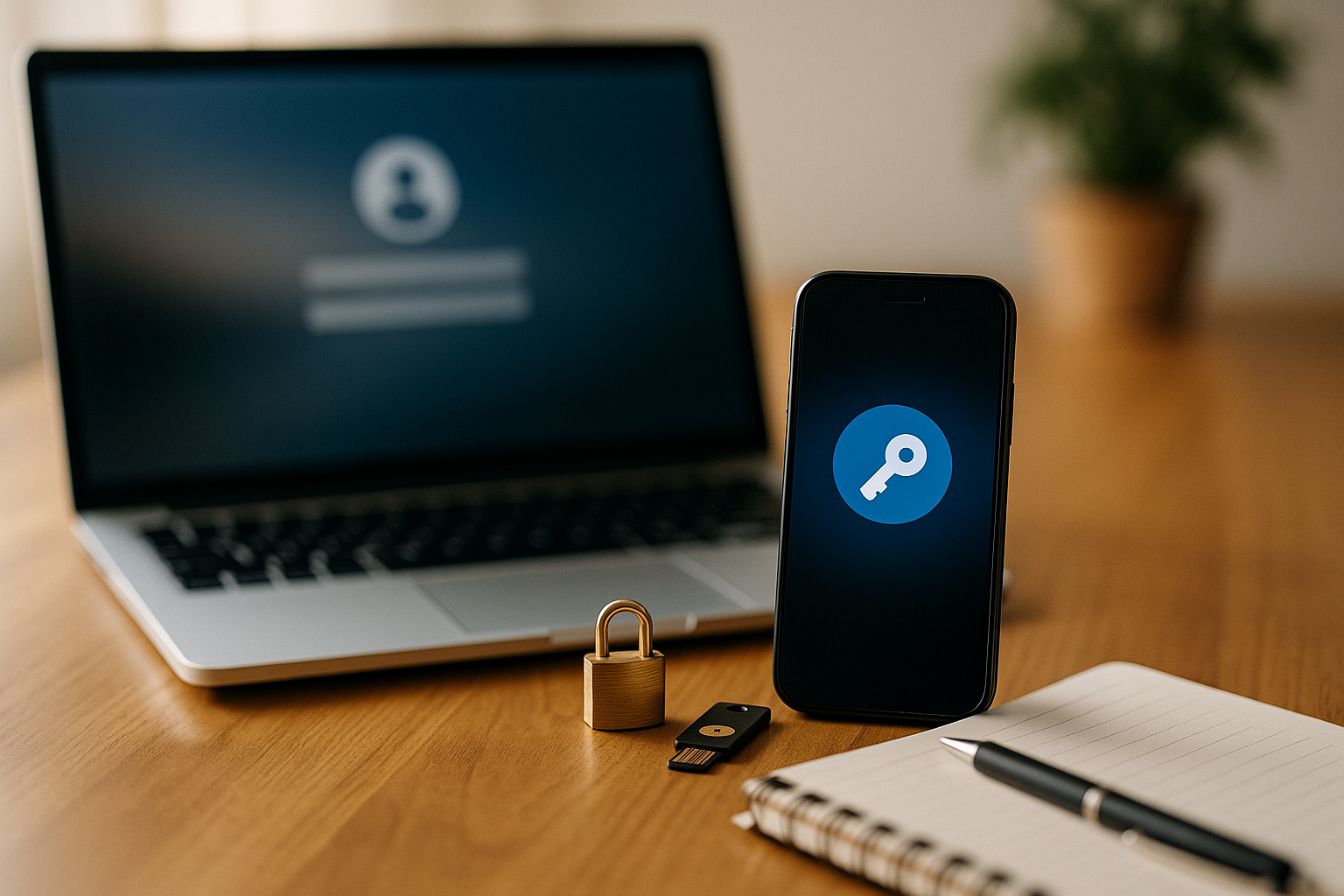 책상 위 노트북과 스마트폰, 패스키 아이콘이 보이는 실사 사진 — 비밀번호 관리자 갈아타기 가이드
