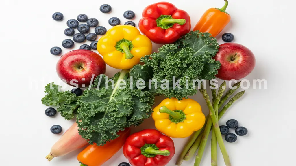 흰색 배경 위에 신장 건강에 좋은 다양한 채소와 과일, 블루베리, 빨간 사과, 싱싱한 케일 잎, 피망, 아스파라거스 등이 각각의 색감과 질감을 선명하게 드러내며 조화롭게 놓여 있습니다.
