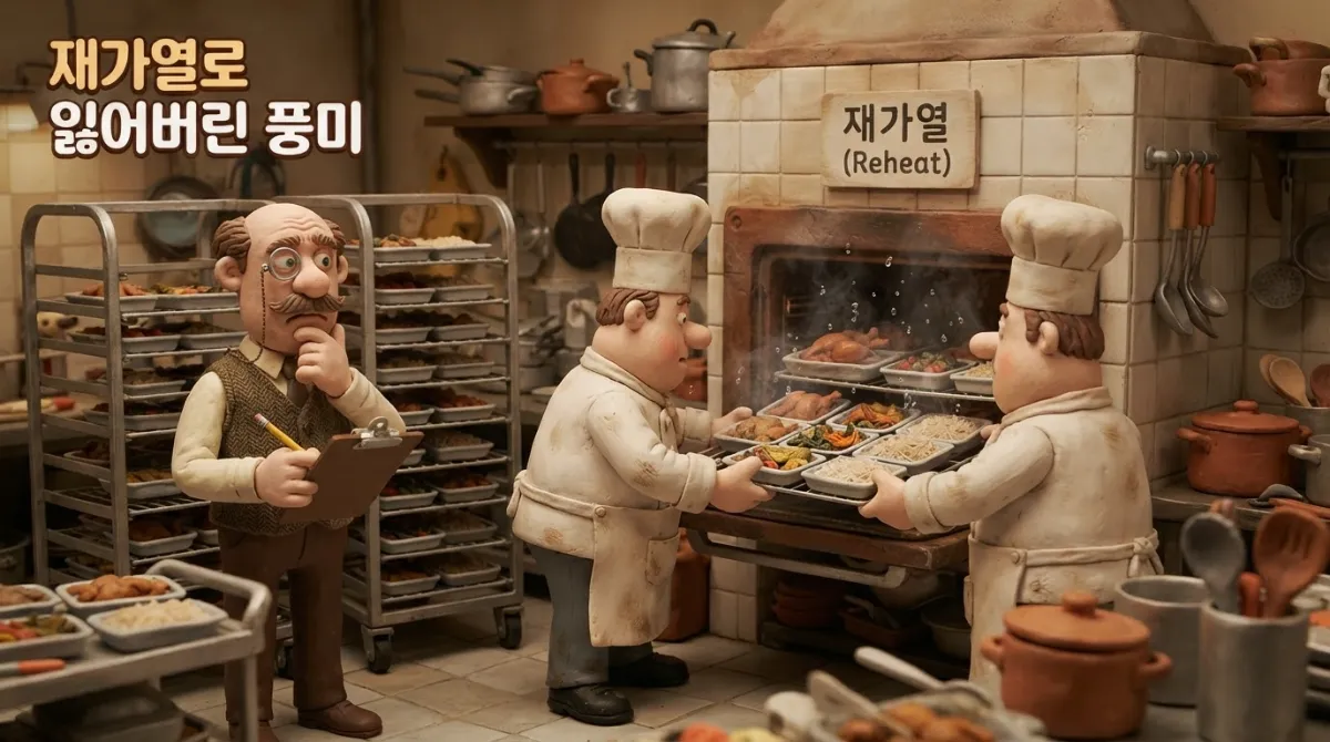 흰색 셰프 옷을 입은 클레이 애니메이션 요리사들이 컨벡션 오븐에 기내식 식판을 넣어 재가열하는 모습 이미지