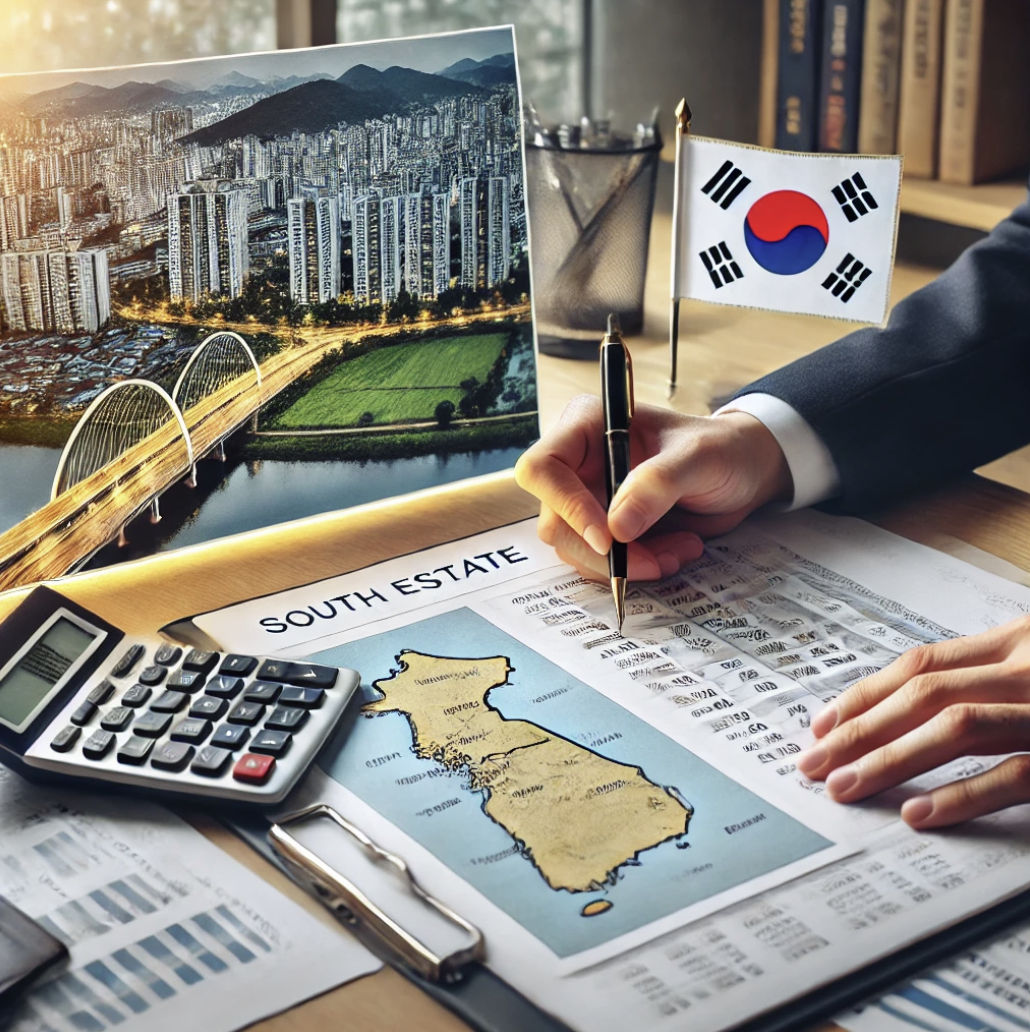  부동산 문서와 지도를 검토하며 기준시가를 계산하는 모습