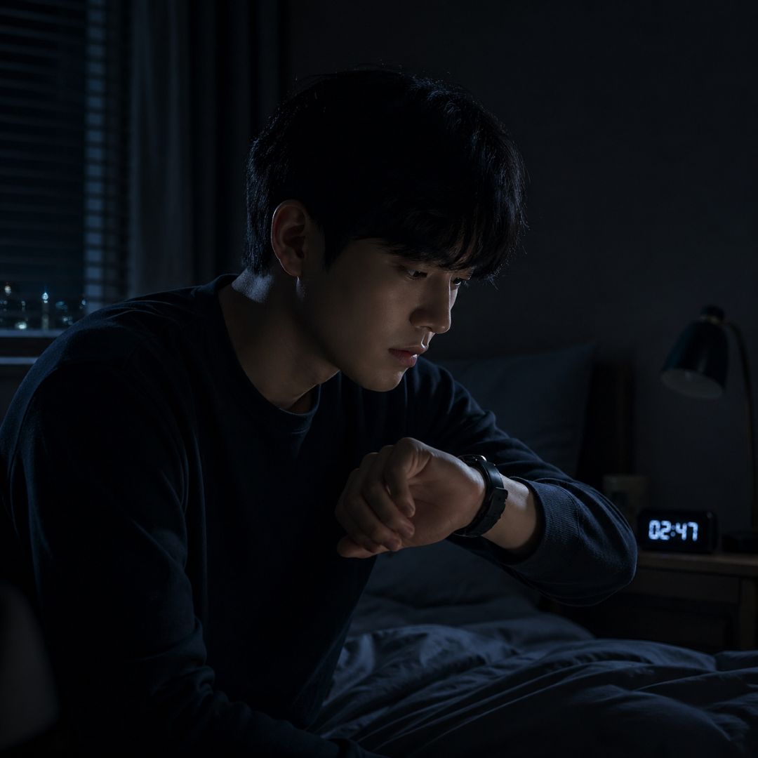 새벽에 잠이 오지 않아 시계를 확인하는 모습