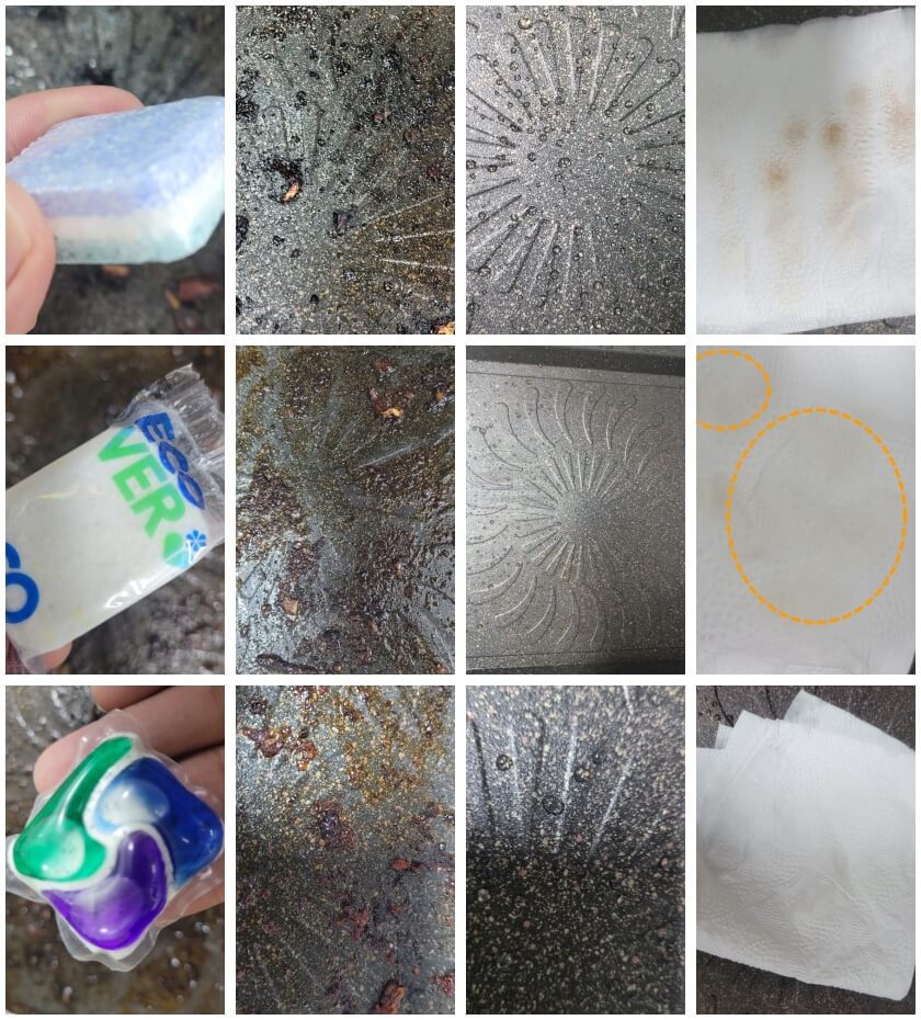 윗줄부터 프로쉬 그린레몬, 에코버 올인원, 캐스케이드 플래티넘으로 설거지한 결과 입니다. 캐스케이드 플래티넘에서는 기름때가 묻지 않았으나, 에코버에서는 조금 묻어나오고, 프로쉬에서는 에코버 보다 많이 묻어나옵니다