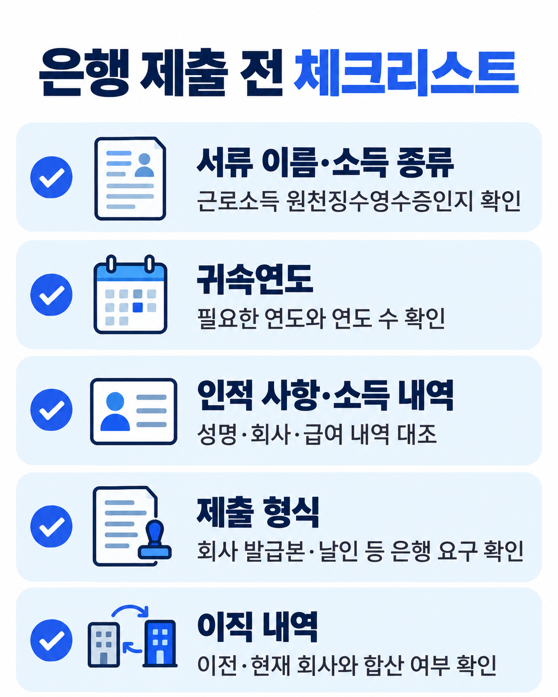 은행 제출 전 체크리스트: 근로소득 원천징수영수증인지, 필요한 귀속연도와 연도 수, 성명 회사 급여 내역, 회사 발급본과 날인 등 제출 형식, 이전 현재 회사와 합산 여부를 확인하세요.