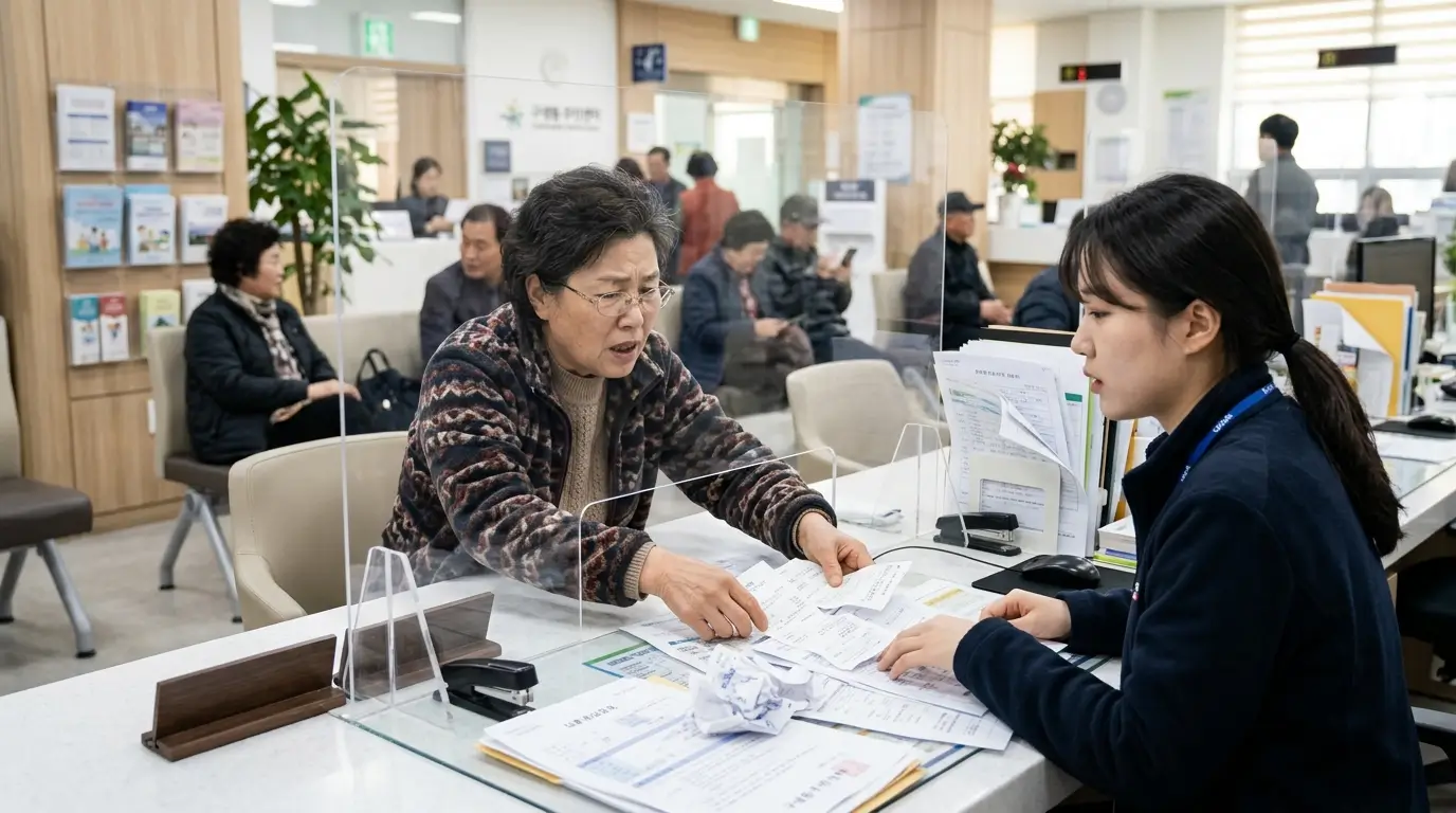 주민센터 복지 상담 창구에서 60대 여성이 수급 자격 방어 서류를 공무원에게 다급하게 제출하며 상담하는 모습