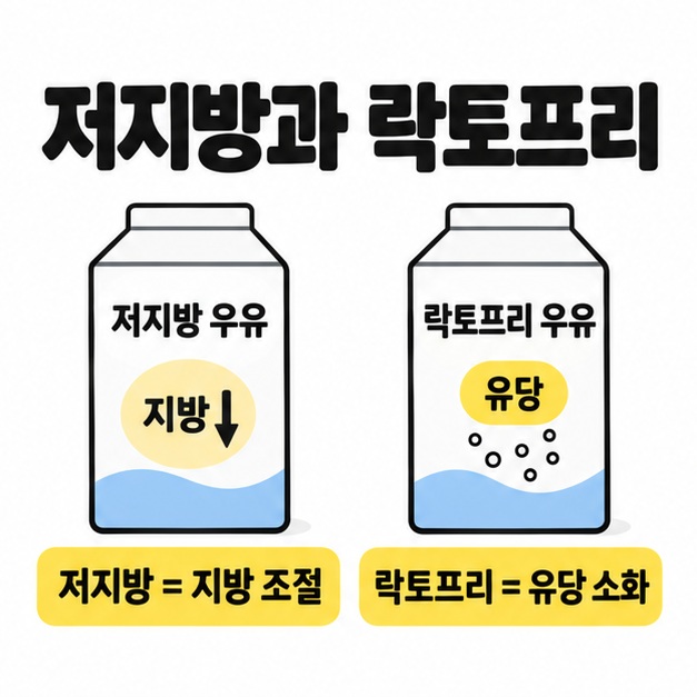 저지방은 지방 조절, 락토프리는 유당 소화와 관련된다는 비교 도식