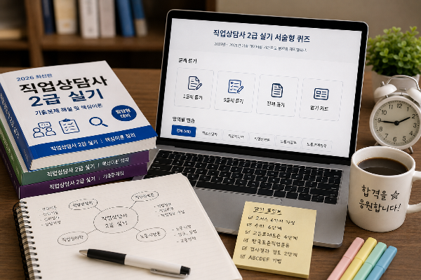 직업상담사 2급 실기 기출문제를 온라인으로 반복 학습하는 책상 장면