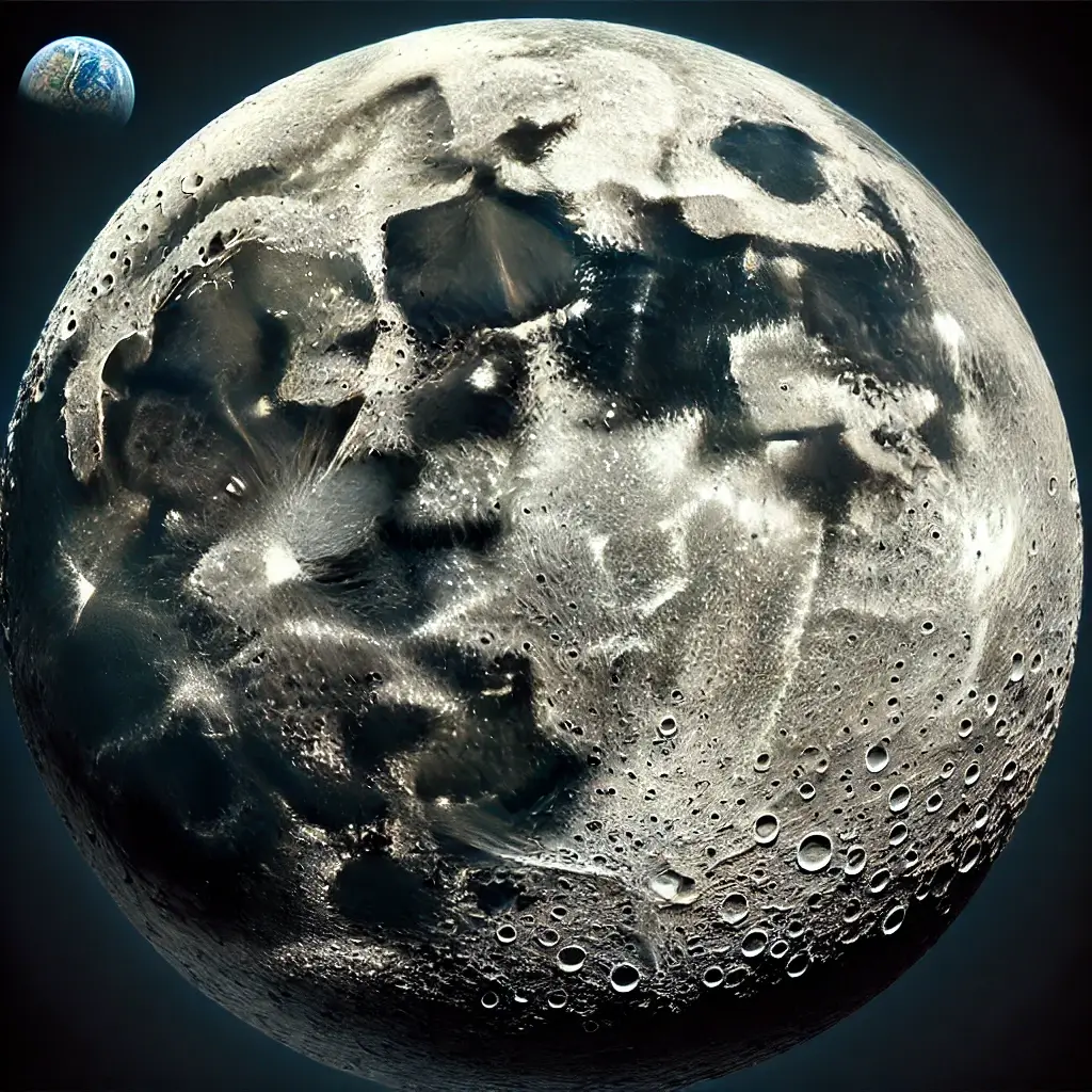 달 표면의 사진 뒤로는 지구가 보이고 달표면의 모습 분화구가 나있고 물이 있는것으로 추정되는 모습들이 곳곳에 보인다.